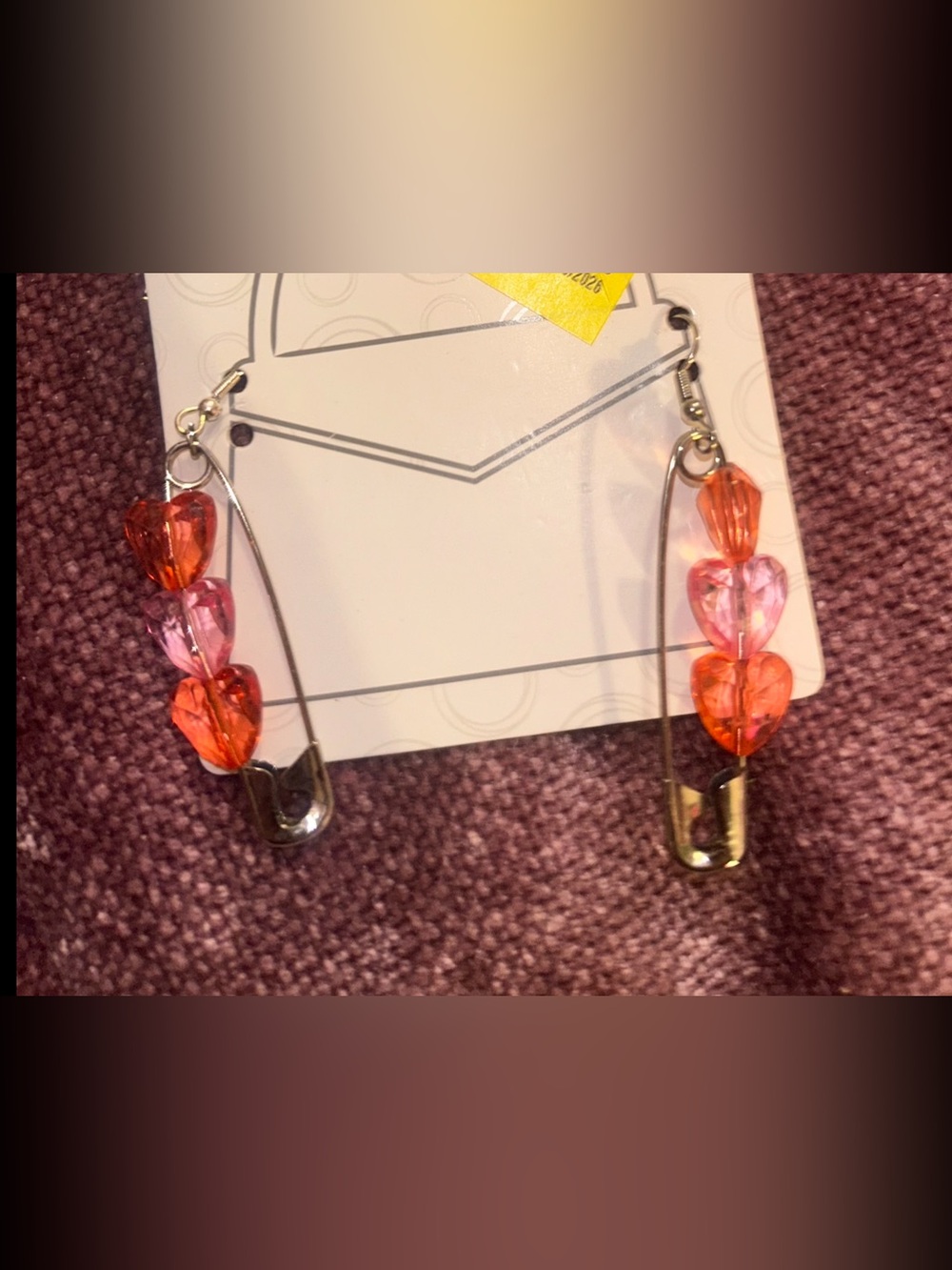 Safety Pin Heart Dangle Earrings - Pink-Orange Beads